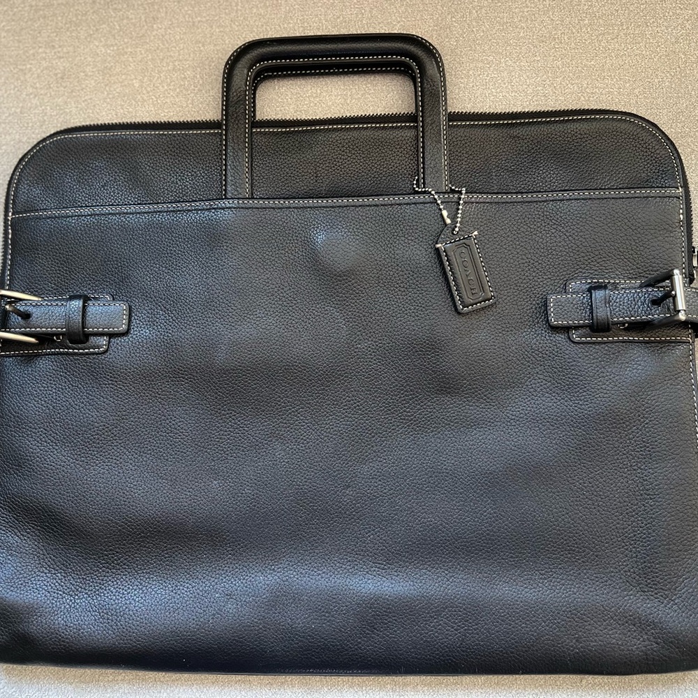Black Leather Coach Laptop Case with Zipper Closure